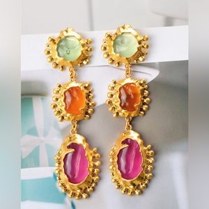 Multicolor drop earrings - gold statement earrings- vintage looking earrings